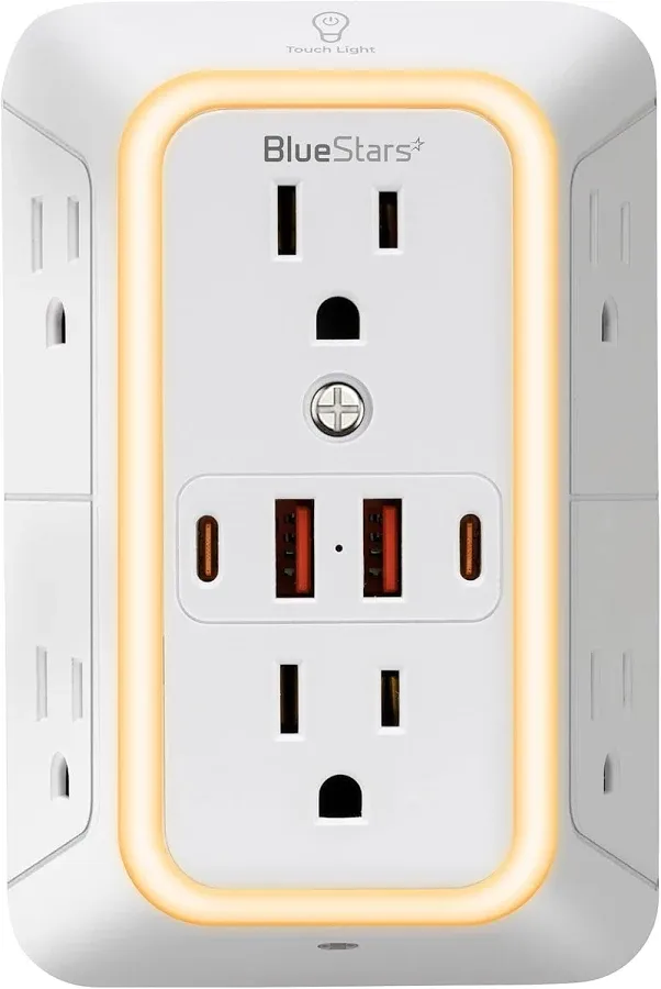 JcBlaon Wall Outlet Extender with Night Light, Power Plug Adapter 6 Outlet Extender